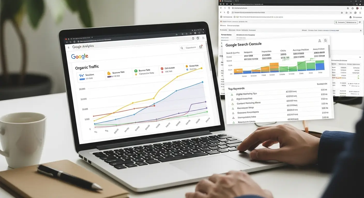 Graphs showing organic traffic growth and keyword performance on a laptop screen.