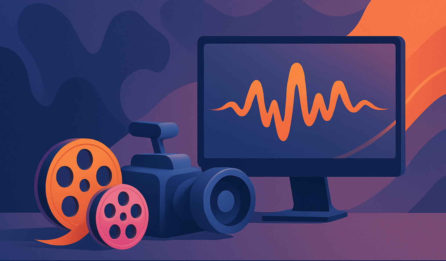 Stylish workspace with a camera, vibrant film reels, and sound waves, showcasing AI in video marketing.
