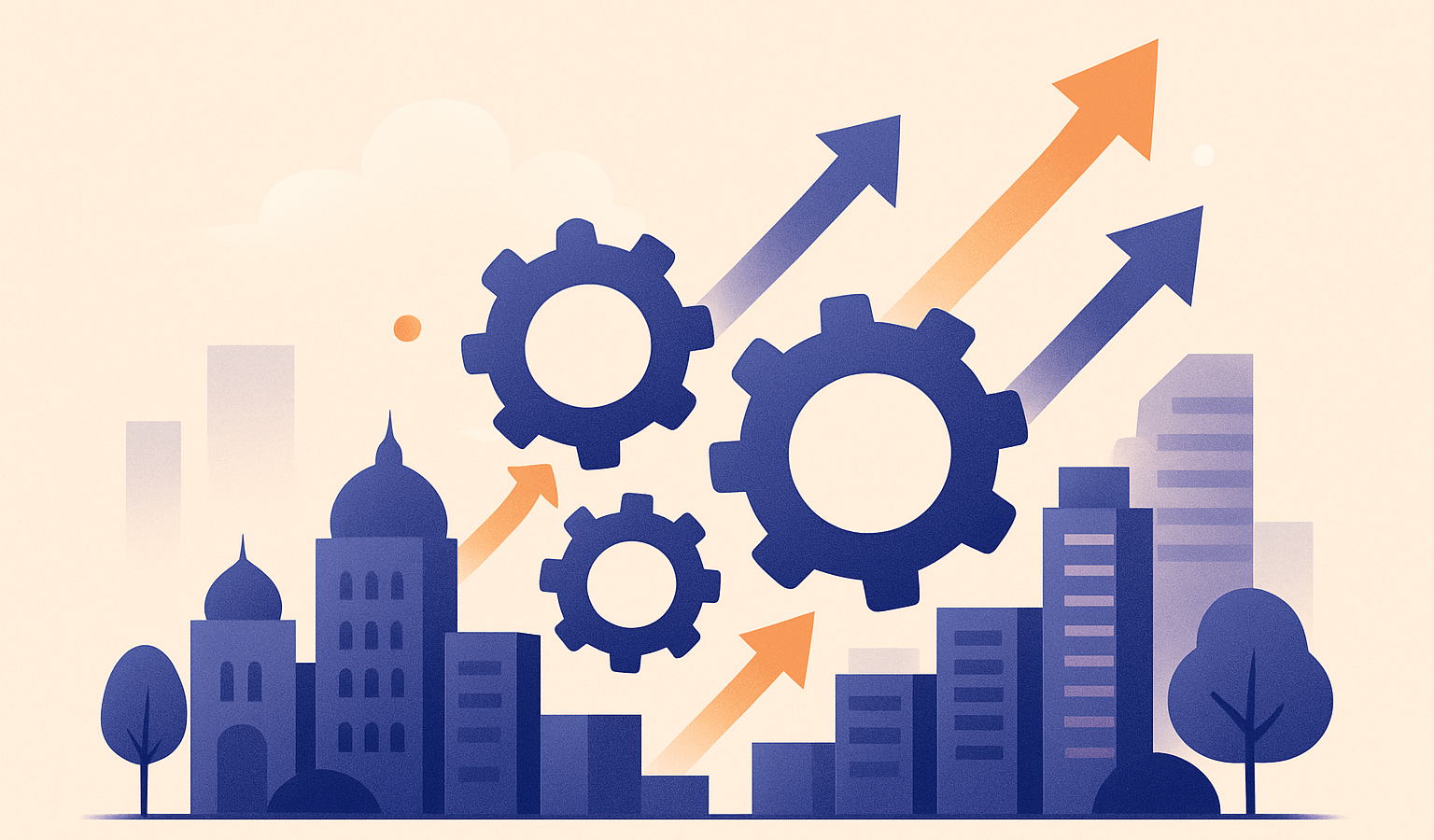Stylized cityscape with gears and arrows in indigo and orange, symbolizing B2B lead generation in India.