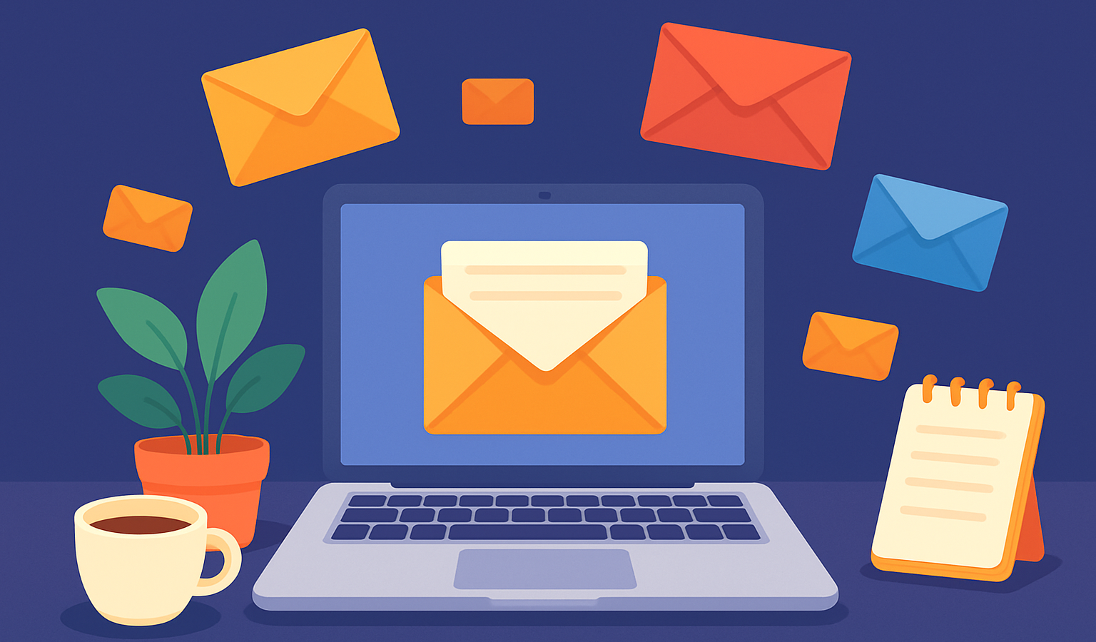 Open laptop with colorful envelopes, coffee cup, notepad, and plant on indigo background symbolizing email marketing.