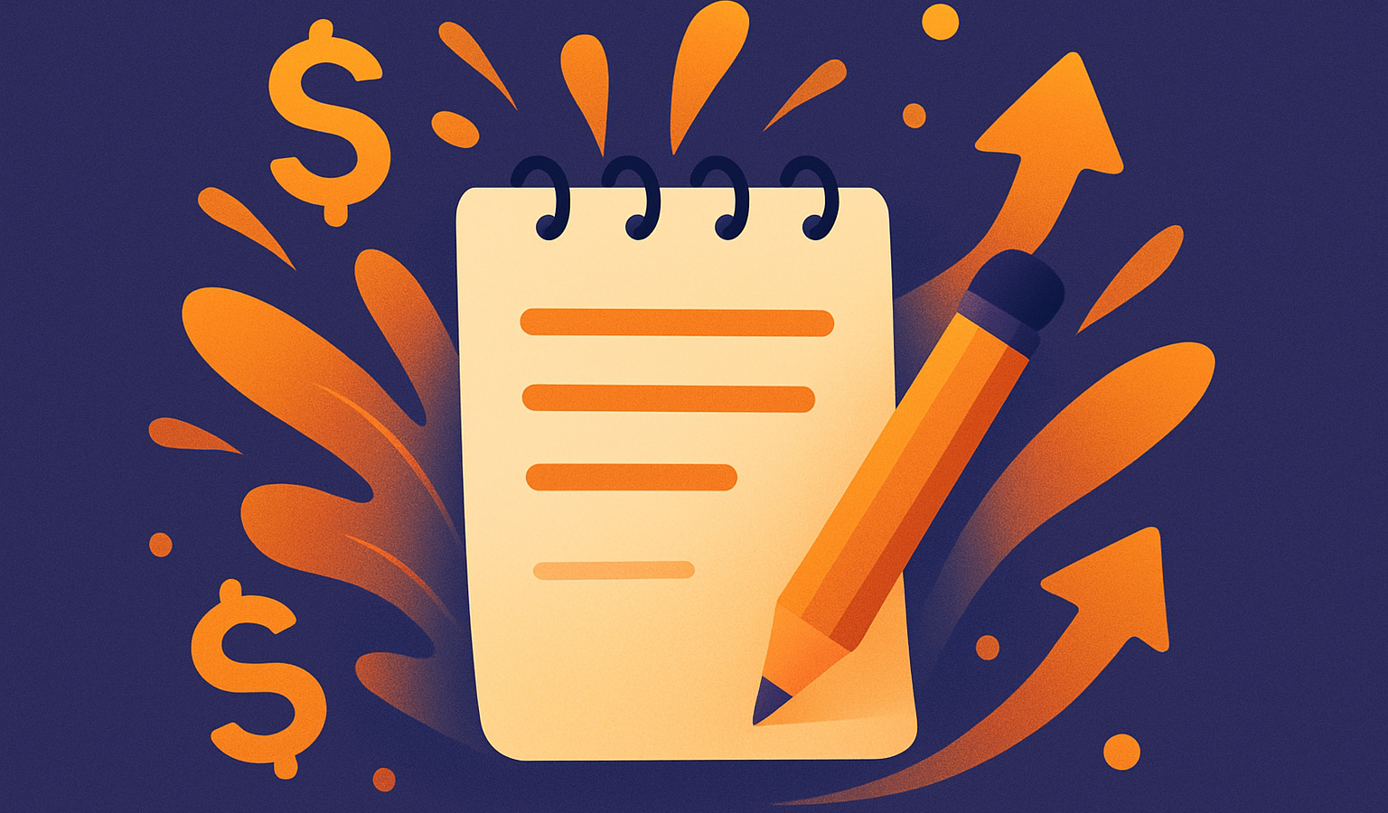 Stylized pencil and notepad with abstract shapes, dollar signs, and arrows on an indigo background.