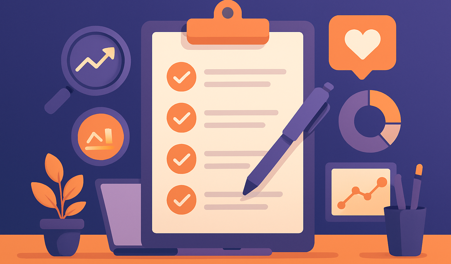 Modern workspace with a digital marketing checklist and colorful icons on an indigo background.