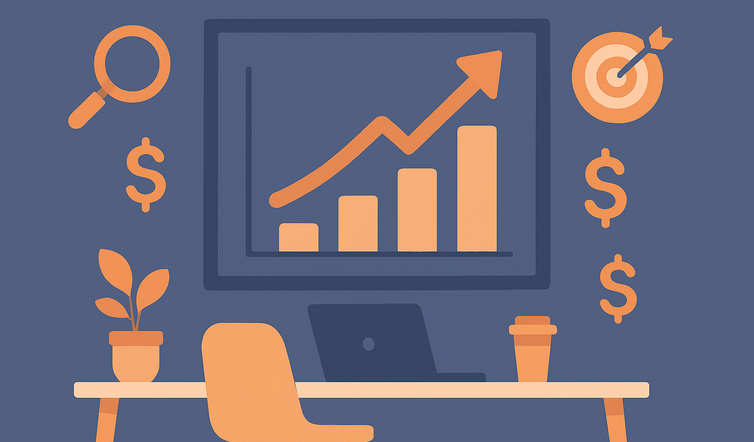Minimalist workspace with a large upward trend graph and marketing icons on an indigo background.