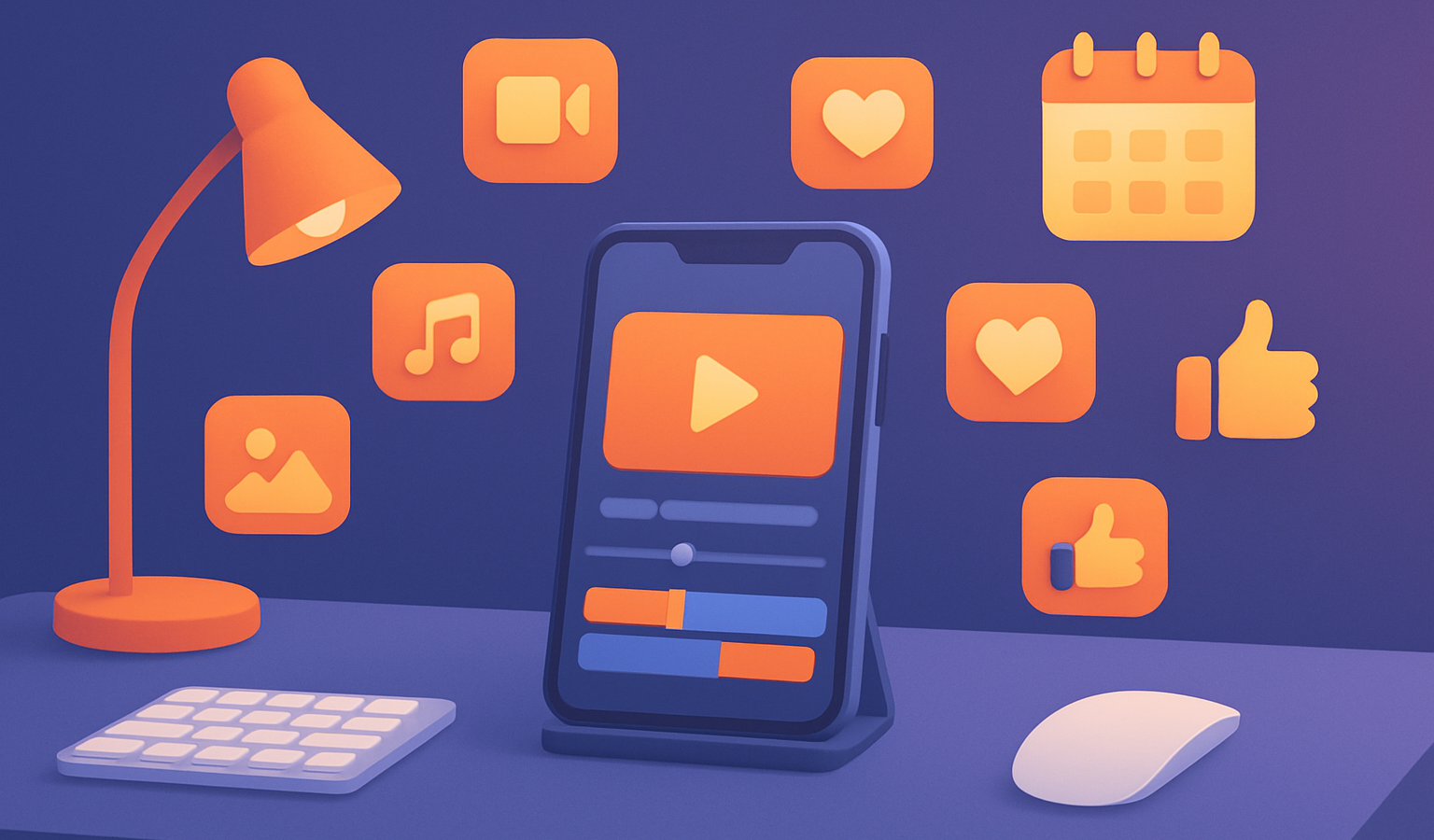 Minimalist workspace with a smartphone, video editing icons, social media symbols, and a calendar on an indigo background.