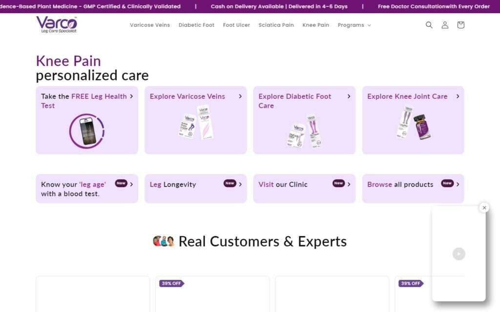 Varco Leg Care website screenshot