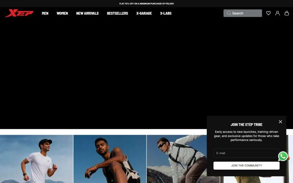Xtep India website screenshot