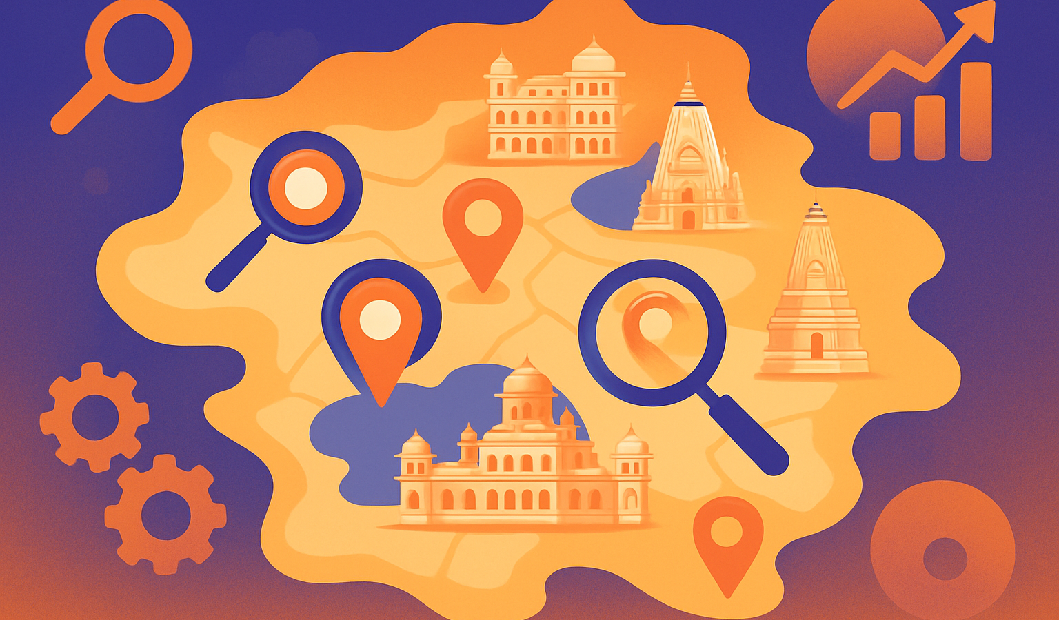 Stylized Udaipur map with landmarks, location pins, and SEO icons in vibrant indigo and warm orange.