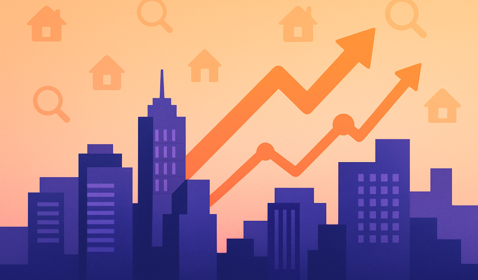 Stylized city skyline with indigo buildings, orange arrows, and icons representing real estate lead generation.