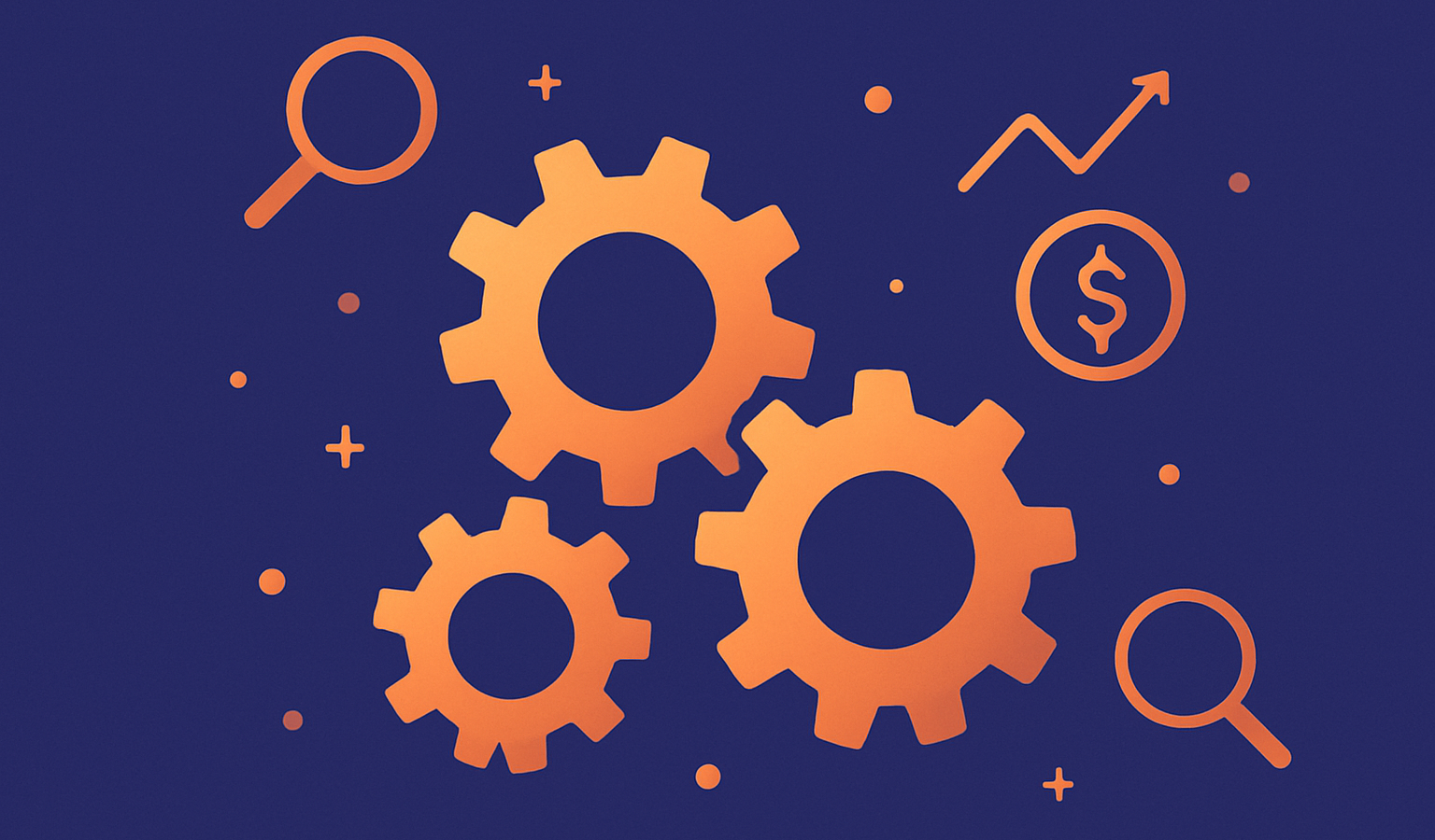 Interconnected gears representing SEO, SEM, and performance marketing on an indigo background with orange accents.