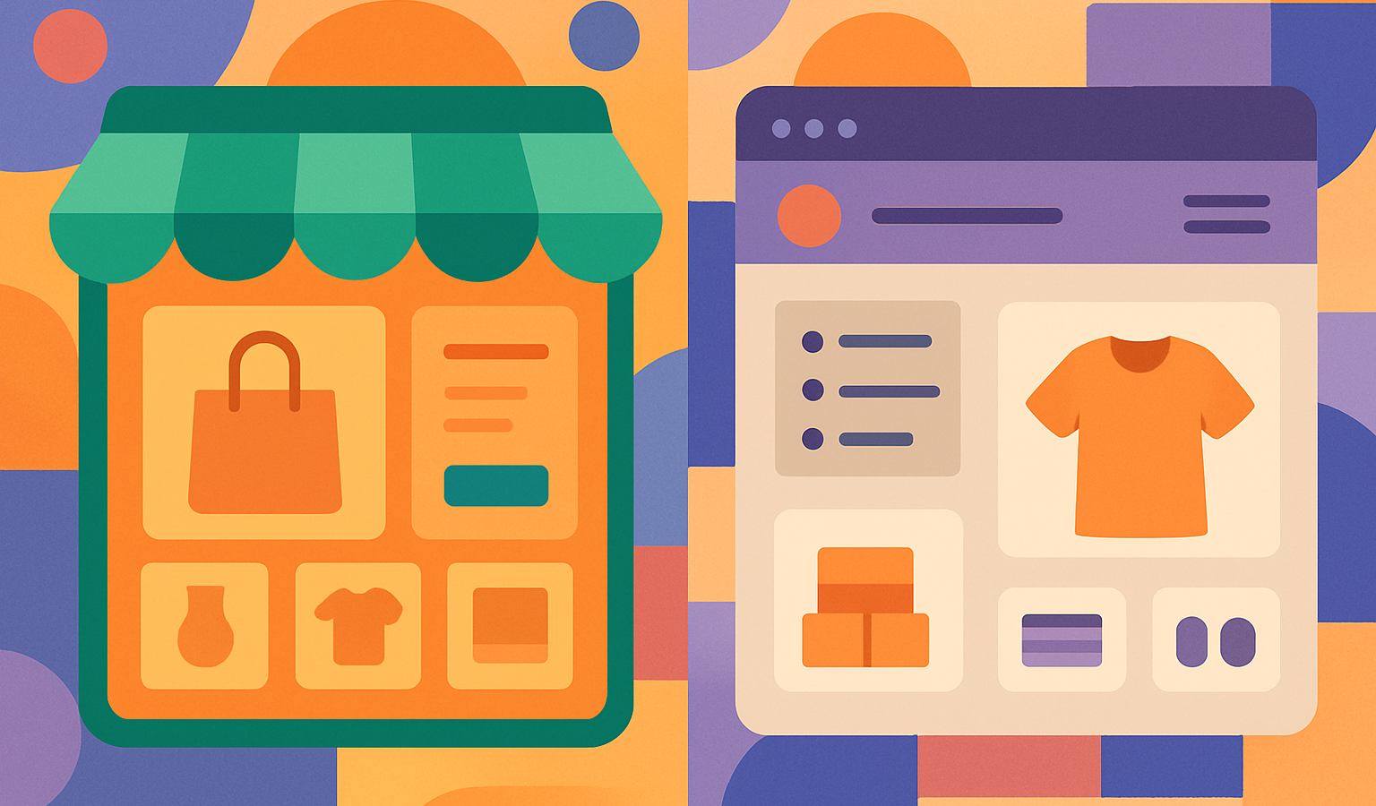 Split scene showing a vibrant Shopify storefront and a customizable WooCommerce shop, framed by geometric shapes.