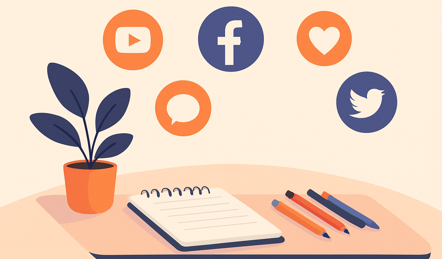 Minimalist workspace with a desk, notepad, colorful pens, plant, and floating social media icons in vibrant colors.