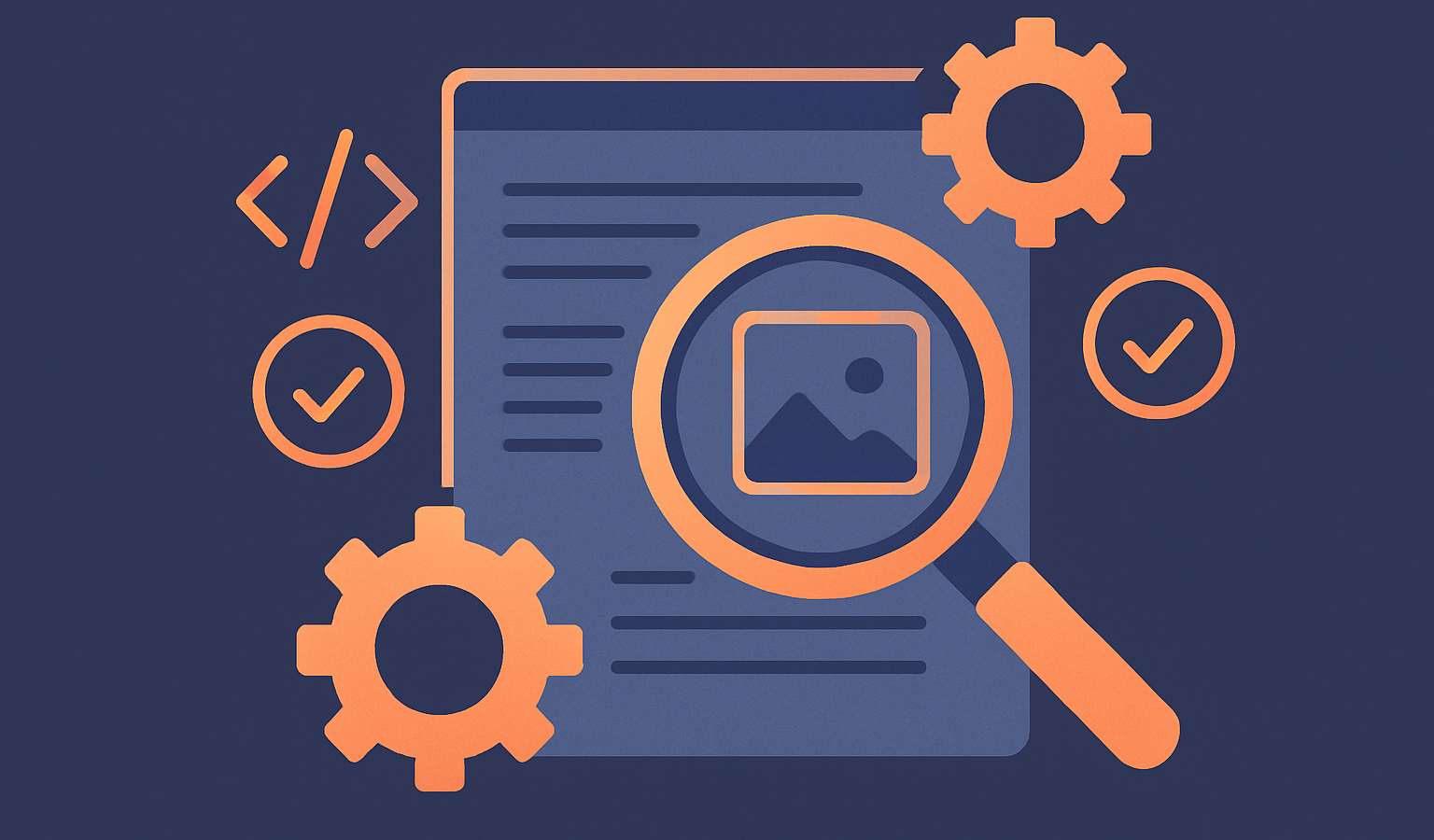 Magnifying glass over a website blueprint with gears, code snippets, and checkmarks on an indigo background.