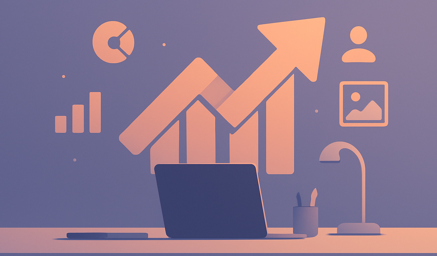 Stylish workspace with an upward arrow, analytics icons, and design elements on an indigo background.