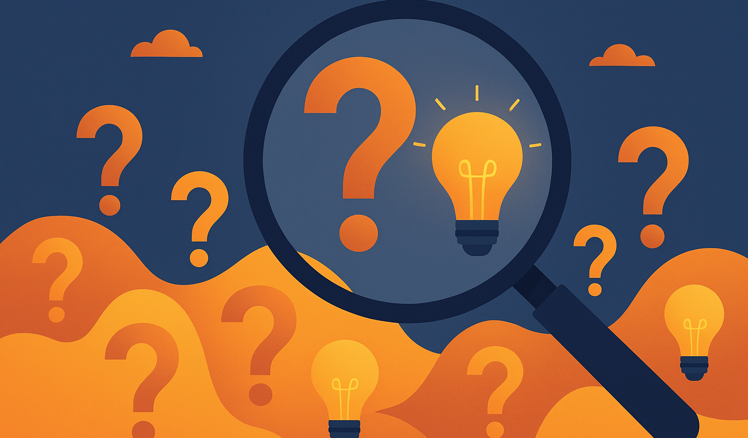 Magnifying glass over a colorful landscape of question marks and lightbulbs, symbolizing knowledge discovery.